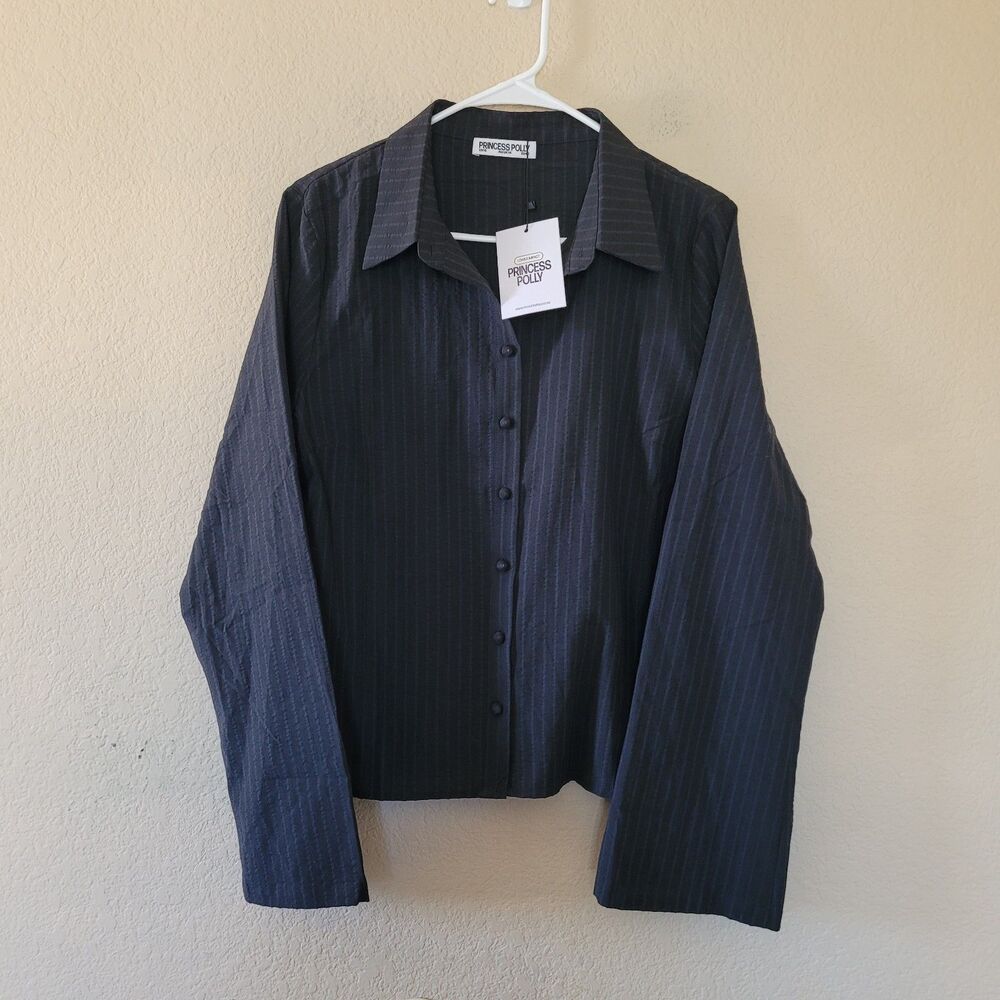 Princess Polly Anni Pinstripe Shirt 10 Fitted Button Flared Sleeve Office Siren